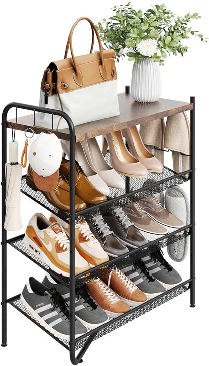 4 Tier Shoe Rack for Entryway, Metal Shoe Rack Organizer Holds 15 Pairs Shoes, Front Door Shoe Storage with Rustic Brown Wooden Top, Vertical shoe rack for Space Saving Shoe Organizer (4-Tiers)