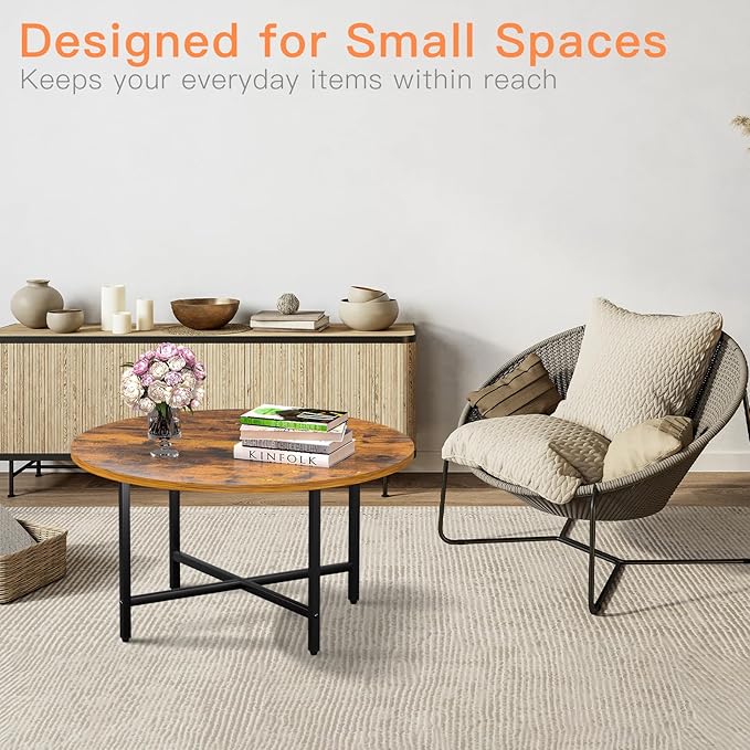 Round Coffee Table, 23.6" Small Coffee Tables for Living Room, Circle Coffee Table with Metal Frame, Floor Table Desk for Sitting on The Floor, Home, Office, Rustic Brown