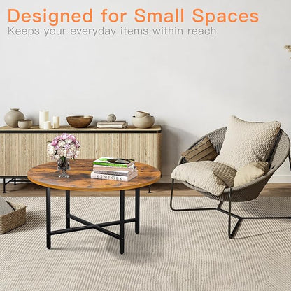 Round Coffee Table, 23.6" Small Coffee Tables for Living Room, Circle Coffee Table with Metal Frame, Floor Table Desk for Sitting on The Floor, Home, Office, Rustic Brown