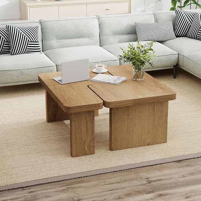 Farmhouse Coffee Table, 53-Inch Accent Center Table with Thicken Base, Multiple Layouts,Switch Between Square and Rectangular Table (Rustic Brown)