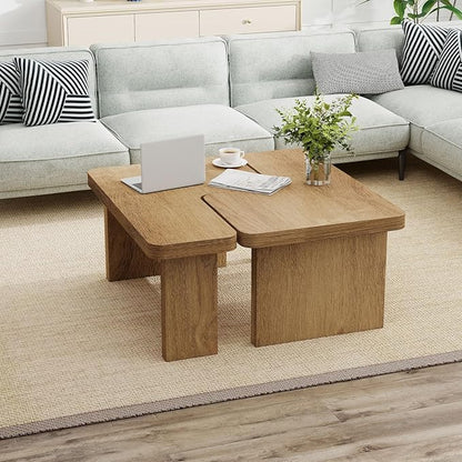 Farmhouse Coffee Table, 53-Inch Accent Center Table with Thicken Base, Multiple Layouts,Switch Between Square and Rectangular Table (Rustic Brown)