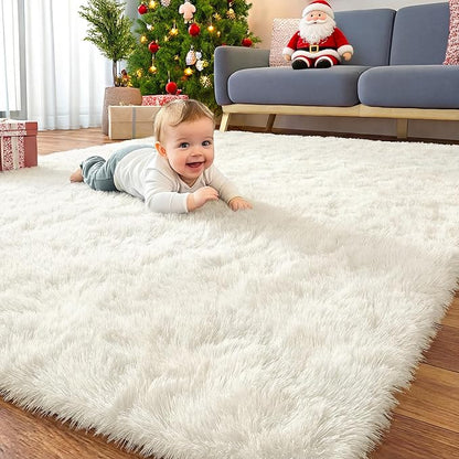 OLANLY 6x12 Machine Washable Large Area Rugs for Living Room, Bedroom, Soft Fluffy Shaggy Bedside Rug, Indoor Floor Carpet for Kids Girls and Boys, Dorms, Nursery, Home Decor Aesthetic, Ivory
