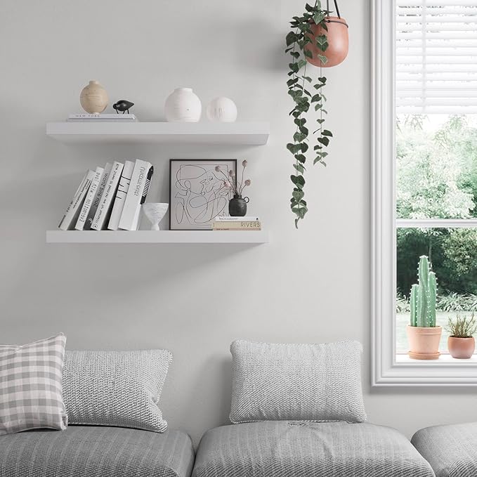 JPND Floating Shelf, Set of 3 Wall Shelf, 24 in W x 12.75 in D x 2 in H Wooden Floating Wall Shelf with Invisible Brackets for Living Room/Bedroom/Bathroom/Kitchen Storage and Decor, White