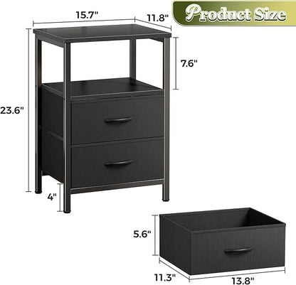 Huuger Night Stand Set of 2, Nightstand with 2 Drawers, Bed Side Table with Open Shelf, Wooden Top, End Table, Fabric Drawer, for Bedroom, Black