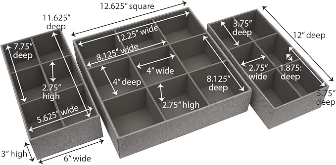 Household Essentials 3 Piece Drawer Organizers Starter Set, Customizable Inserts, Large Tray and 2 Small Trays, Silver