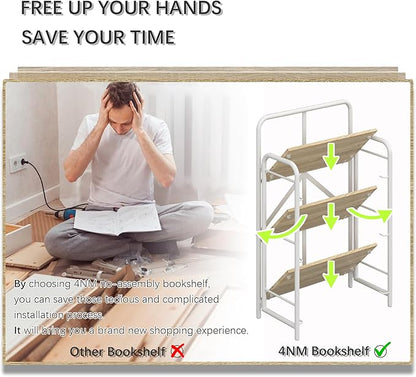 4NM No Assembly Folding Bookshelf, 3 Tiers Collapsible Book Shelves Open Industrial Foldable Storage Bookcase Shelf for Bedroom, Living Room, Home Office - Natural and White