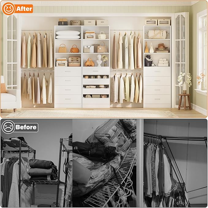 Aheaplus Closet System with 12 Drawers, 8.5-11.5Ft Wood Closet Organizer System with 4 Hanging Rods & 3 Towers, 4Ft & 6Ft L-Shaped Walk-in Closets Wardrobe Organizer Clothes Rack, Set of 3, White1