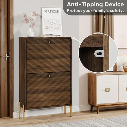 Smuxee Walnut Shoe Cabinet with 2 Flip Drawers, 23.6" Hidden Shoe Storage Cabinet with Golden Metal Feet, Freestanding Shoe Organizer Cabinet for Entryway, Hallway, Living Room