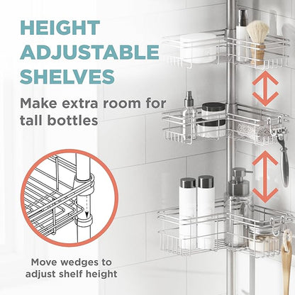 Zenna Home Tension Pole Shower Caddy Corner Organizer, Adjustable Standing Shower Caddy with 4 L-shaped Baskets and Hooks, Rust Resistant Bathroom Tension Rod Organizer, 60 to 97 Inch, Satin Nickel