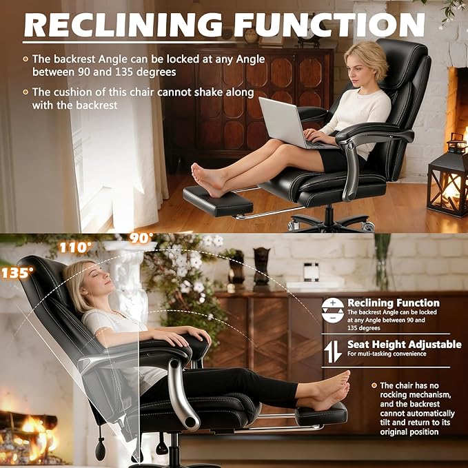 600LBS Large Heavy Duty Office Chair with Foot Rest,Reclining Big and Tall Office Chair with Pocket Spring Cushion, Comfy High Back with Adjustable Lumbar Support,Dual Rubber Wheel