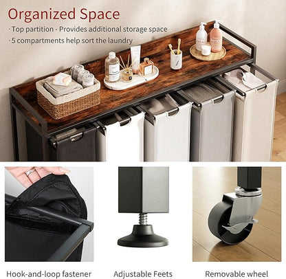 Laundry Hamper with Shelf, Laundry Basket 5 Section, Laundry Sorter with Pull-Out Removable Large 5 Color Bags and Movable Wheels, Metal Frame, 5 x 15.87 Gallons (60L), Rustic Brown PF08XLN