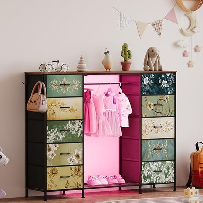 LUMTOK 55" W 2-in-1 Dresser with Hanging Rack, 10 Drawers Dresser for Bedroom,Dressers with Fabric Drawers,LED Lights, Charging Station and Hanging Racks for Bedroom (Retro Pattern)