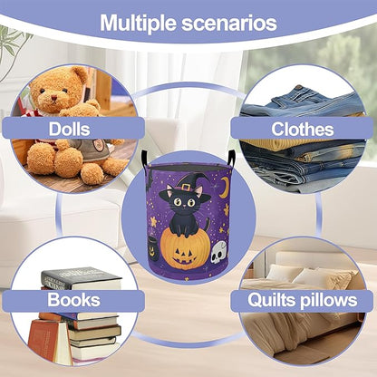 Laundry Basket,Halloween Cat Large Canvas Fabric Lightweight Storage Hamper Organizer Dirty Clothes Collapsible Waterproof for College Dorms,Bathroom