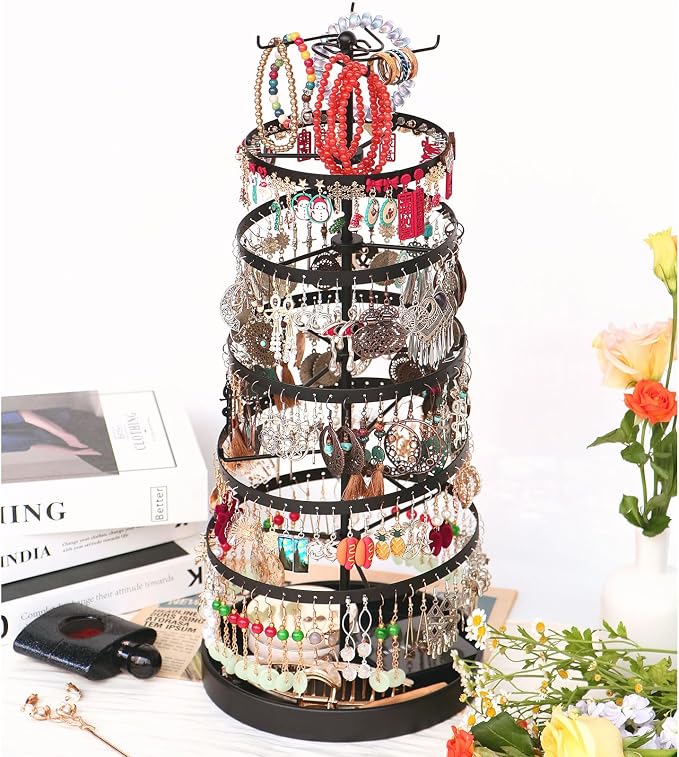 17Dec 6 Tier Rotating Jewelry Organizer Stand, 230 Holes Earring Holder Organizer for Women Girls, Spinning Earring Tree with Ring Holder, Wide Base for Bracelets Watches Lipstick