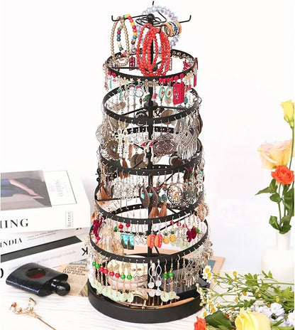 17Dec 6 Tier Rotating Jewelry Organizer Stand, 230 Holes Earring Holder Organizer for Women Girls, Spinning Earring Tree with Ring Holder, Wide Base for Bracelets Watches Lipstick