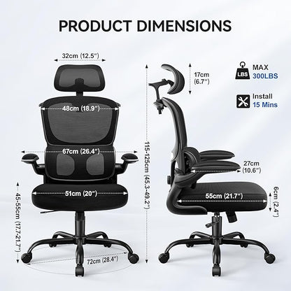 Ergonomic Office Chair, Mesh Desk Chair with Lumbar Support, High Back Home Office Chair with Adjustable Headrest and Flip-Up Arms, Comfortable Computer Chair, Thick Cushion, Black-6 Pack