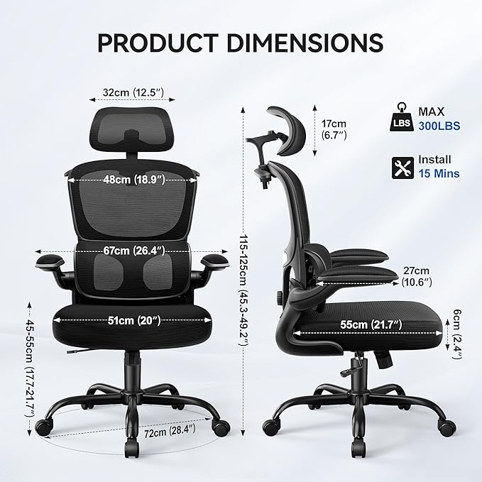 Ergonomic Office Chair, Mesh Desk Chair with Lumbar Support, High Back Home Office Chair with Adjustable Headrest and Flip-Up Arms, Comfortable Computer Chair, Thick Cushion,Black-4 Pack