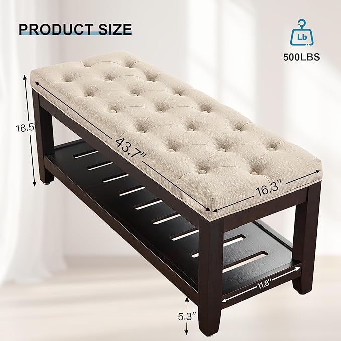 44" Ottoman Bench, Upholstered End of Bed Bench, Oversized Footrest with Wood Shelf torage Storage Bench for Bedroom, Entryway, Living Room, Light Brown