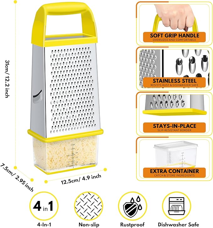 Urbanstrive Cheese Grater With Container, Professional Cheese Grater with Handle, Stainless Steel Graters for Kitchen Handheld, Box Grater with 4 Sides for Vegetables, Ginger, Potatoes (Yellow)