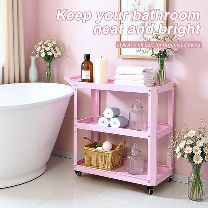 XCX 3 Tier Metal Utility Rolling Cart with Wheels, Heavy Duty Storage Organizer Trolley Cart for Kitchen, Bathroom, Office, Bedroom – Multi-Purpose 330Lbs Capacity Utility Cart on Wheels, Pink