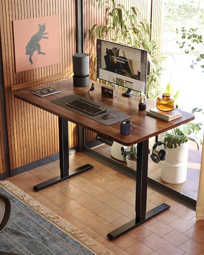 FEZIBO One-Piece Standing Desk Adjustable Height Stand up Home Office Desk, 32x20 Inch Electric Standing Computer Desk, with 4 Memory Presets, Headphone Hook, Black Walnut