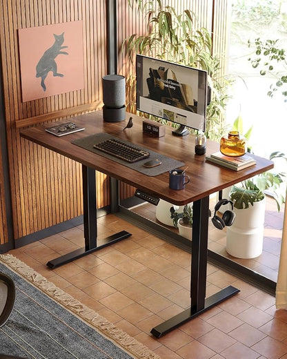 FEZIBO One-Piece Standing Desk Adjustable Height Stand up Home Office Desk, 32x20 Inch Electric Standing Computer Desk, with 4 Memory Presets, Headphone Hook, Black Walnut