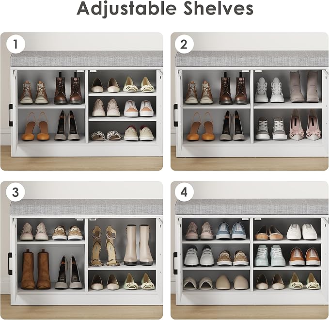 3-Tier Shoe Cabinet Storage with Adjustable Shelf Entryway Shoe Bench with Thickened Padded Seat Cushion Storage Bench with 3 Doors for Entry, Bedroom, Hallway (White Gray,46.3 * 13.8 in)