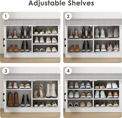 3-Tier Shoe Cabinet Storage with Adjustable Shelf Entryway Shoe Bench with Thickened Padded Seat Cushion Storage Bench with 3 Doors for Entry, Bedroom, Hallway (White Gray,46.3 * 13.8 in)