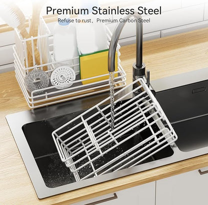 Yofidra Sponge Holder for Kitchen Sink Organizer Caddy: Sink Sponge with Instant Drying Stone, Metal Stainless Steel Basket Home Decor Storage and Organization Accessories 9.5" X 5.5" X 5.7" (White)