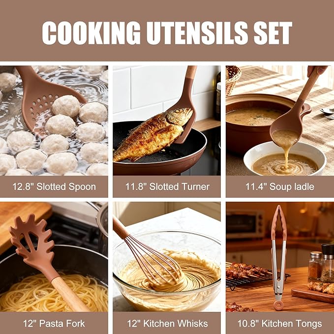 RAXCO Utensil Sets,18-Piece Silicone Cooking Utensils and Knife Set,Mousse | Dishwasher-Safe Kitchen Utensils,Large Capacity Countertop Organizer for Knives,Utensils,Cutting Board