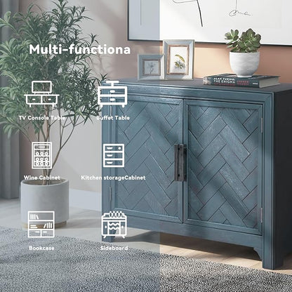HMFULE 40" Sideboard Cabinet 2-Doors Solid Wood, Retro Buffet Cabinet with Storage Adjustable Shelf, Console Table Accent for Hallway, Living Room, Dining Room, Kitchen, Entry Way (Antique Blue)
