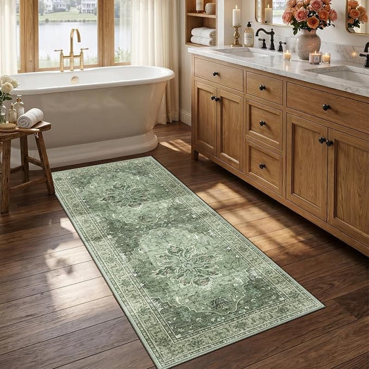 RELEANY Area Rugs Runner 2'6"x5' Washable Non-Slip, Floral Vintage Distress Medallion Carpet for Kitchen Hallway Bedroom Beside Laundry Room Bathroom, Dark Green Gray