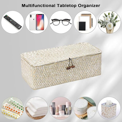 Sumnacon Small Woven Basket for Shelf Wicker Shelf Storage Basket with Sections Seagrass Storage Baskets with Lid for Tampon Toiletry Rectangular Storage Basket for Shelf Bathroom Table Desk Whitewash