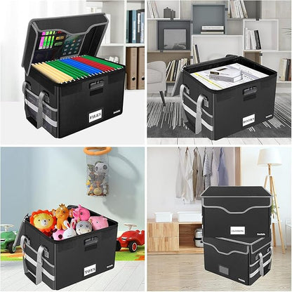 DocSafe Fireproof Document Box with Lock, File Storage Organizer with Mesh Pockets, Collapsible Portable File Box Home Office Safe Filing Cabinet with Handle for Hanging Letter/Legal Folder, Black