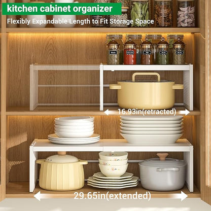 2 Pack Expandable Storage Cabinet, Stackable Pantry and Kitchen Organizers Shelf, Countertop Cabinet Storage Shelves Organizers, Spice Rack, Metal Storage Bins for Spice Can Plate Mug Cups, White