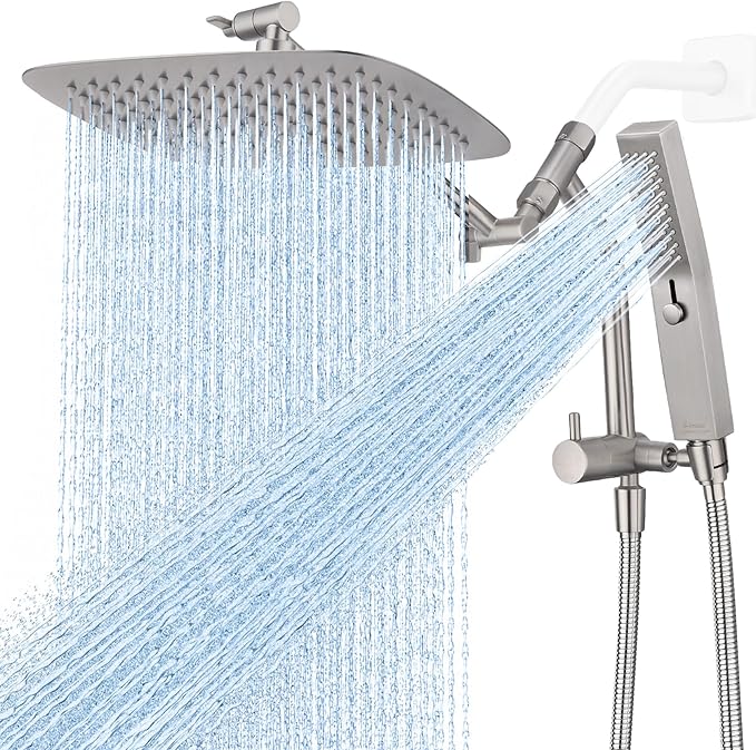 G-Promise All Metal 10 Inch Rain Shower Head with Massage Mode Handheld Spray Combo, 3-Way Diverter with Pause Setting, Full Body Coverage, Modern Bathroom Upgrade (Brushed Nickel)