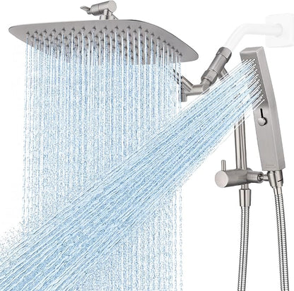 G-Promise All Metal 10 Inch Rain Shower Head with Massage Mode Handheld Spray Combo, 3-Way Diverter with Pause Setting, Full Body Coverage, Modern Bathroom Upgrade (Brushed Nickel)