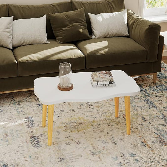 Cookie Coffee Table Low Table with 4 Solid Wood Sturdy Legs,Floor Table Desk for Sitting on The Floor,19.7"D x 31.5"W x 16"H Inches,Living Room/Toy room Furniture,Rental house Furniture(White)