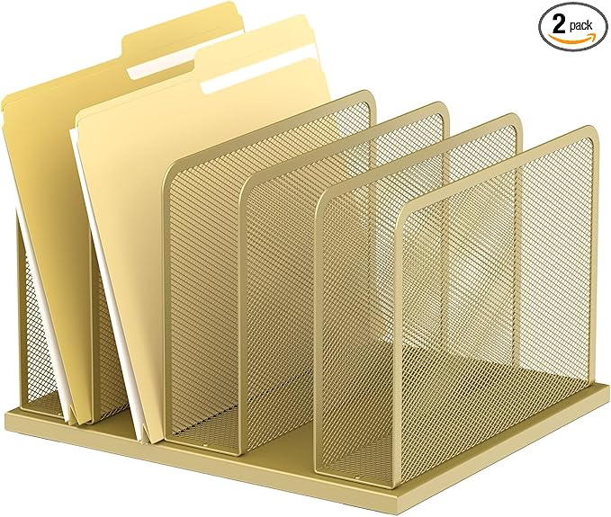 Kuntine.B Desk File Organizer Upright Mesh Desktop Organizer File Sorter Office Organization File Holder for Home, Office & Classroom (Gold, 1 Pack 5-Section)