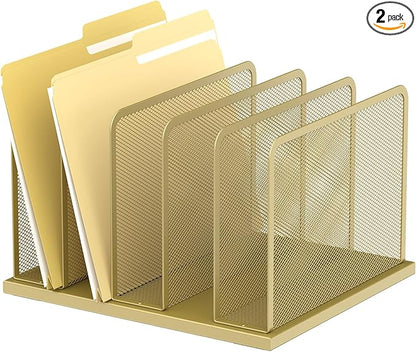 Kuntine.B Desk File Organizer Upright Mesh Desktop Organizer File Sorter Office Organization File Holder for Home, Office & Classroom (Gold, 1 Pack 5-Section)