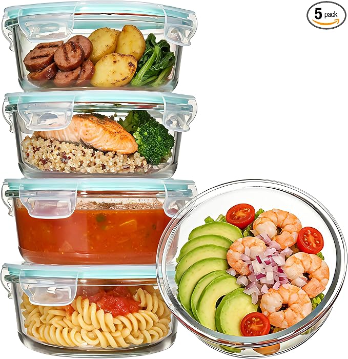 Vtopmart 5Pack 22oz Glass Storage Containers with Lids, Glass Meal Prep Food Container Sets with Snap Airtight Lid for Microwave, Oven, Freezer and Dishwasher, Green, Round