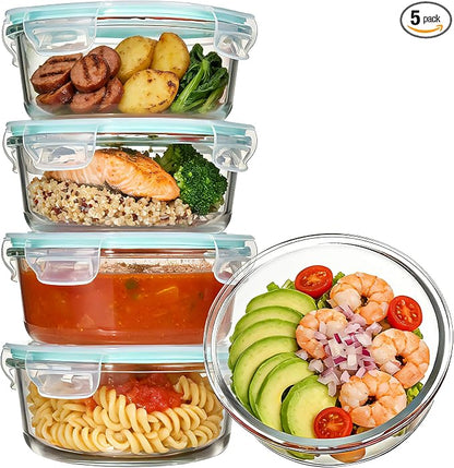 Vtopmart 5Pack 22oz Glass Storage Containers with Lids, Glass Meal Prep Food Container Sets with Snap Airtight Lid for Microwave, Oven, Freezer and Dishwasher, Green, Round