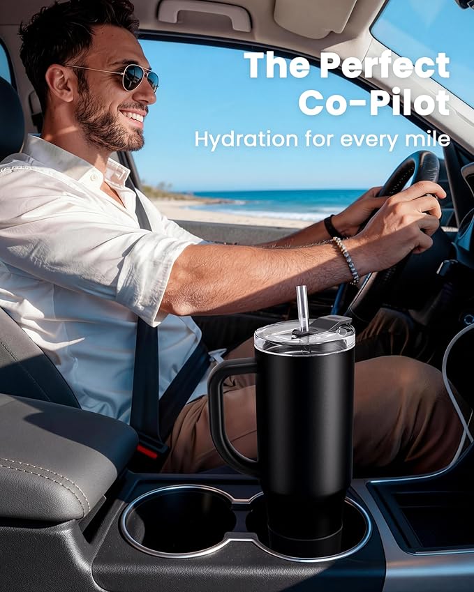 Renoj Tumbler with Handle 100% Leak Proof Insulated Water Bottle for Iced Coffee & Hot Drinks - Fits Car Cup Holder, Ideal Gift, 2 Straws & Silicone Boot BPA-Free - SnapShift Black 32 oz