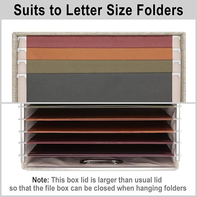 Graciadeco File Organizer Box, Collapsible Storage Filling Collectior with Lid for Letter Legal Size Hanging Folders Decorative Linen File Folder Box Document Storage Filing Bin, Beige 2 Pack