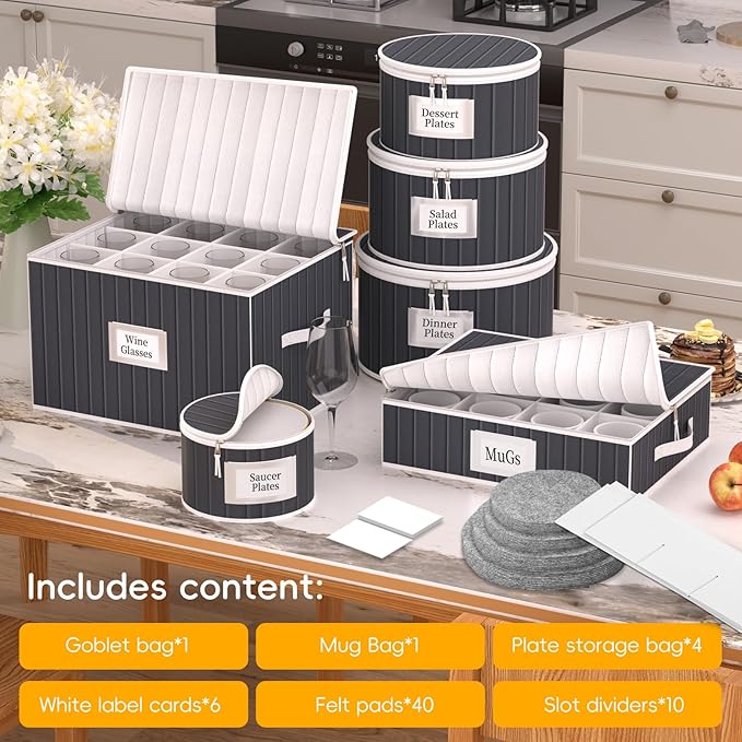Fine China Storage Containers, 6 Piece Dish Storage Containers, Stackable Plate Storage, Coffee Mug Storage and Wine Glass Storage Box with Dividers, Quilted Dish Organizers, Grey