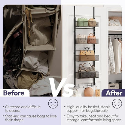 SWTYMIKI Over The Door Purse Organizer - Wall Mounted Purse Rack with 4 Adjustable Metal Basket and 6 Hooks, Hanging Bag Rack for Handbag Organizer, Bag Storage Can Use As 1/2 Part, for Door, Closet