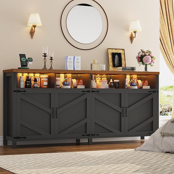 63'' Buffet Sideboard with Storage with Power Outlets & LED Light 4 Doors, Large Farmhouse Kitchen Storage Cabinet Wood Coffee Bar Cabinet Buffet Table for Kitchen, Dining Room, Entryway