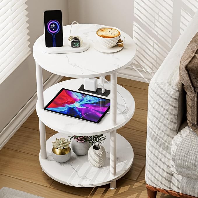 XBurmo Small Round End Table - 3 Tier Design Accent Table, Narrow Side or Bedside Stand, Industrial Vintage Table for Small Spaces, Built-in USB Ports and Power Outlet, Marble White