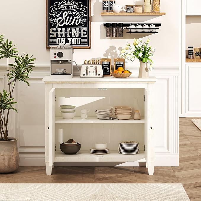 40" Coffee Bar Cabinet with Shelf, Craft Storage Cabinet with Doors, Wood Cabinet, Charming Carved Motif, Entry Way Cabinet with Storage, Sideboard Buffet for Living Room, Kitchen, Distressed White
