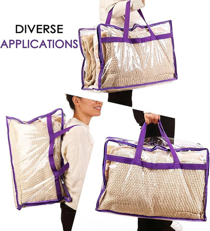 SGHUO Clear Storage Bags 60L Extra Large Plastic Vinyl Blanket Storage Bag for Clothes, Comforter, Bedding, Moving Bags with Zipper and Reinforced Handle (4pcs, Purple)
